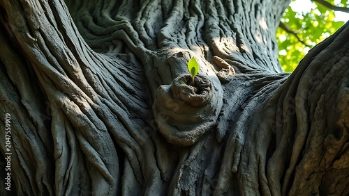 Ancient oak tree trunk with a fresh grafted bud, sunlight through leaves.