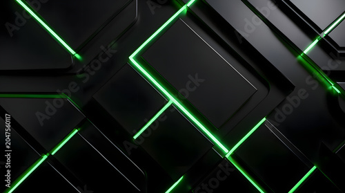 Abstract Futuristic Black Tech Plates with Glowing Green Neon Lines Backgroun