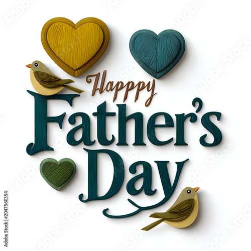 Happy fathers day greeting card with birds and hearts isolated on white background