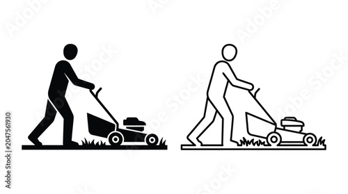 Man mowing lawn with a lawnmower black and white silhouette grass gardening