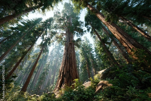 Towering ancient trees reach for bright sunlight in a forest