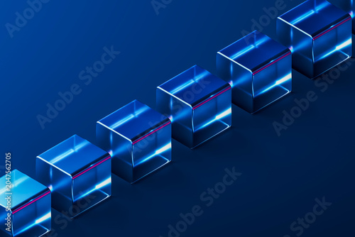Abstract 3d rendering of glass cubes in a row on blue background