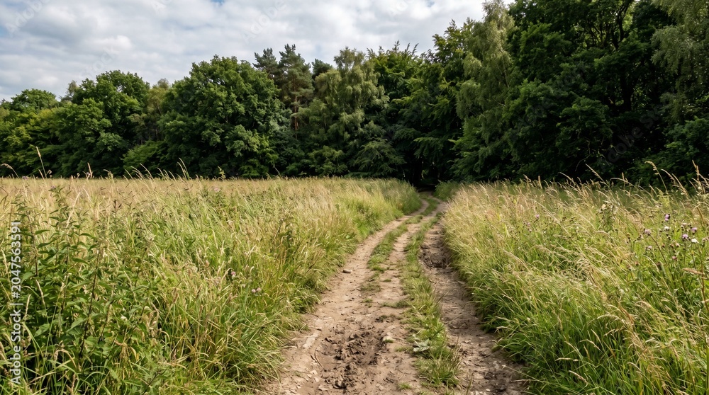 Naklejka premium A dirt path winds through tall grass and wildflowers leading into a dense green forest under a cloudy sky