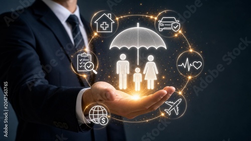 businessman presenting glowing holographic network family asset insurance concepts