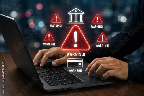 mans hands on laptop displaying digital financial security warnings