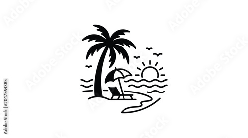 Bild auf Leinwand Tropical beach scene with palm tree sun and beach chair silhouette ocean