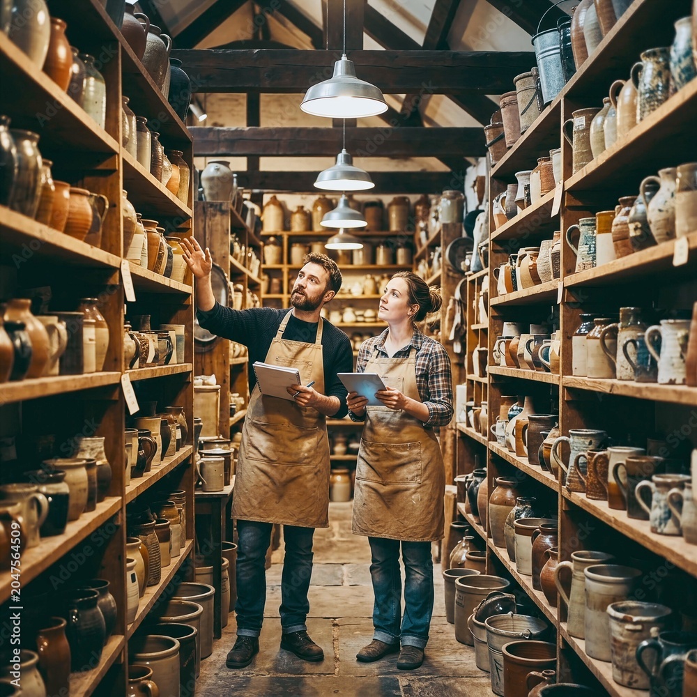 Naklejka premium Two artisans inspect ceramic pottery inventory in rustic warehouse storage
