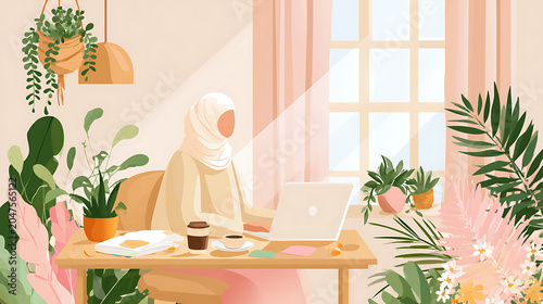 Muslim Woman Remote Work Productivity Illustration | Green Home Office with Laptop & Plants