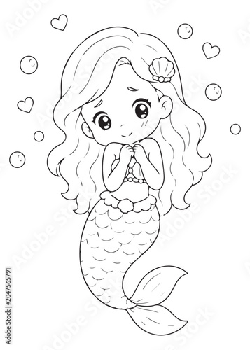 Tableau sur toile coloring book page of a bashful mermaid with a dreamy expression and heart bubbl