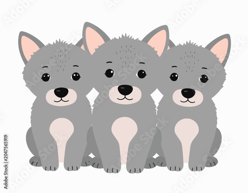 Three cute cartoon grey wolf pups sit together in a row