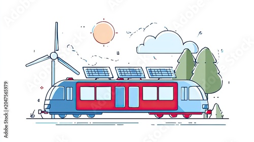 Train with solar panels and wind turbine, representing green energy
