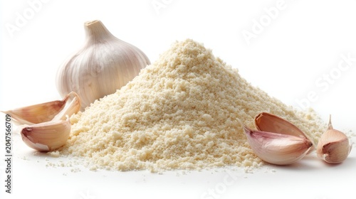 Close up side view of a heap of fine garlic powder isolated on a clean white background showing detailed texture, soft granular spice particles and natural beige color tones for food ingredient concep