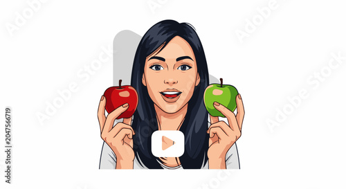 Woman holds red and green apples, with play button
