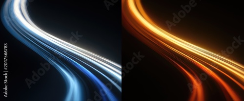 Split screen with abstract light trails in blue and orange hues