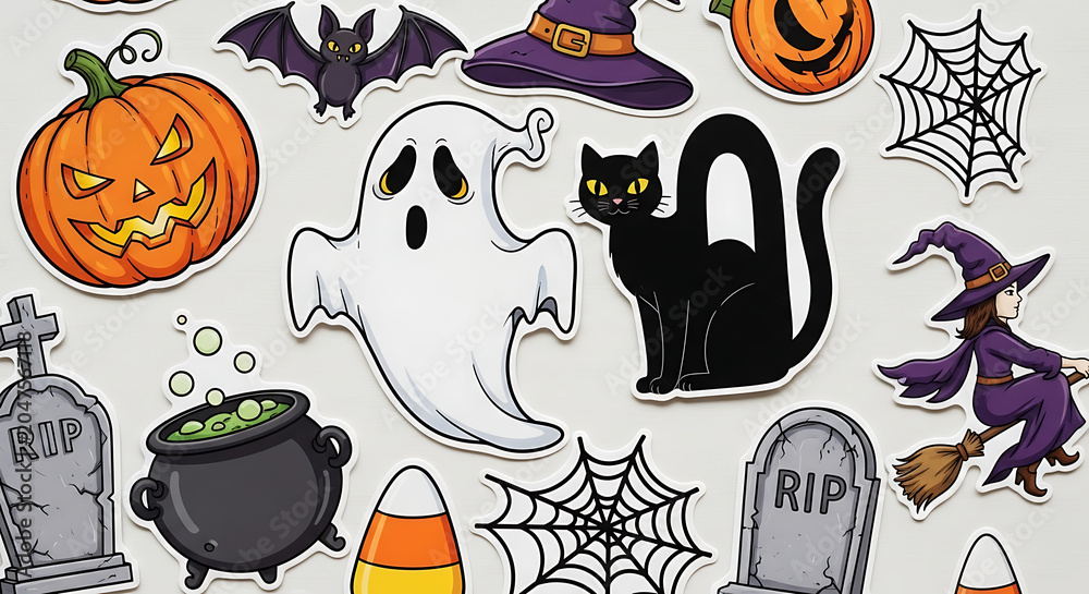 Fototapeta premium Halloween Assortment Vector Illustrations Of Pumpkins Ghosts Witches And Spiders holiday october