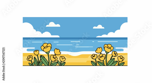 Sunny day at the beach with yellow flowers and blue sky