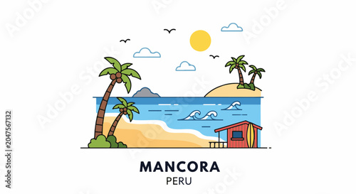 Sunny beach scene with palm trees, ocean, and small shack