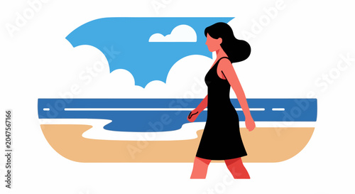 Woman in black dress walks along a beach with blue water and sky