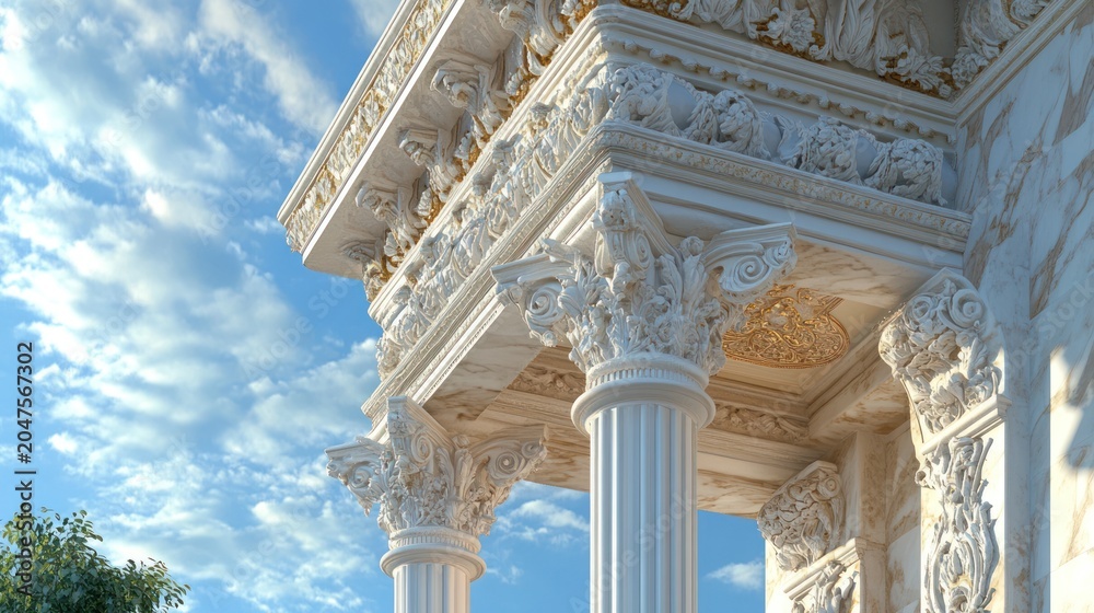 Obraz premium Ornate white columns and roof, detailed carvings under blue sky with soft clouds