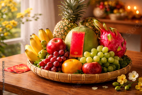 tet fruit tray arranged on wooden table in soft daylight