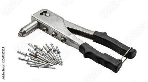 Studio photography of a generic handheld metal rivet gun with black handles and silver rivets isolated on a clean background