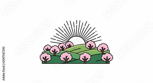 Sunrise over rolling hills with blooming cherry blossom trees