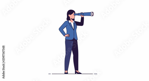 Woman in blue suit looking through telescope