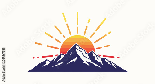 Sunrise over rugged mountains, bold graphic style with radiating sunbeams