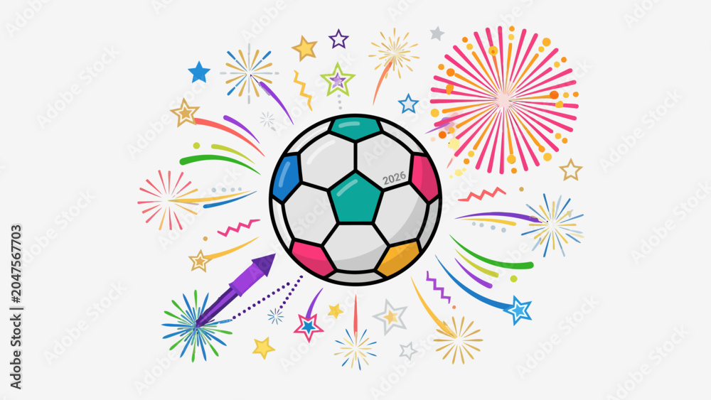 Fototapeta premium Festive vector icon of a soccer ball with abstract fireworks and stars around it