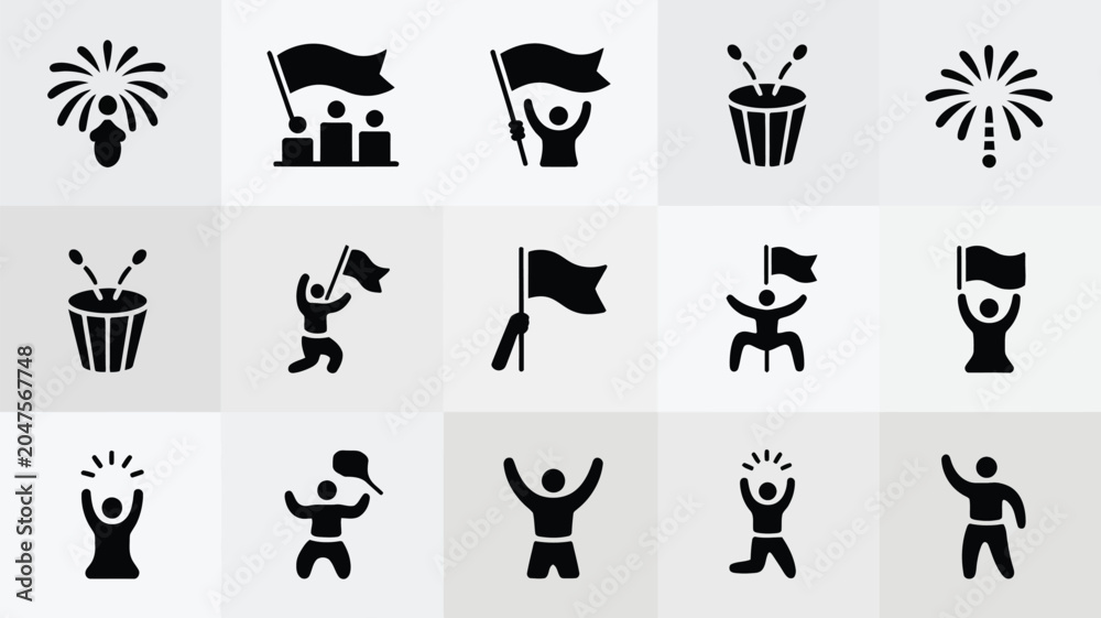 Obraz premium Graphic set of celebration icons showcasing flag wavers crowds and festive music elements.