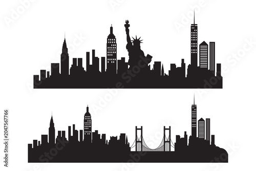 New york city skyline silhouettes with statue of liberty and bridge