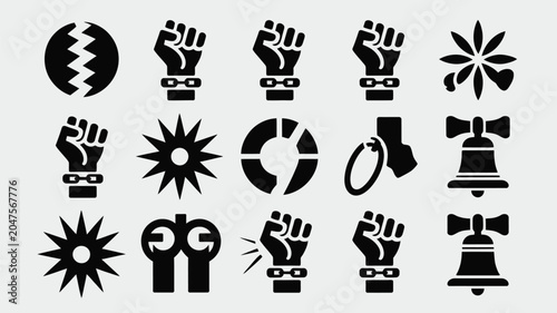 Tableau sur toile Black and white social justice activist symbols including chained fists and liberty bells