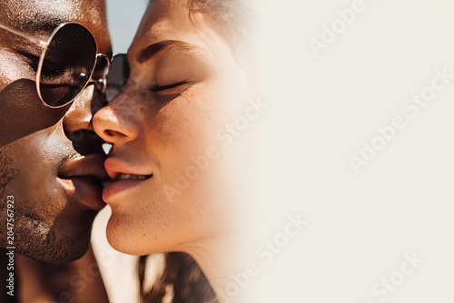 Close-up of a couple sharing an intimate moment, faces touching lips gently