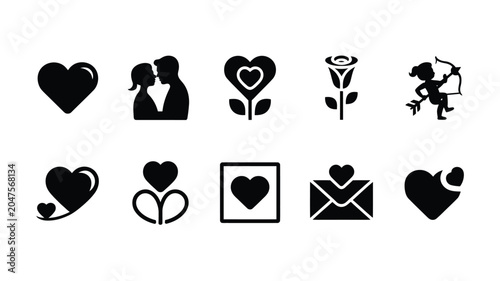 Foto Minimalist love symbols set featuring cupid silhouette and stylized heart shapes for design