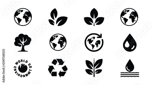 Foto Environmental vector icons displaying world map leaves trees recycle and water resources