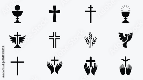 Schilderij op canvas Christian religious symbols icon set with holy communion chalice and crosses in black ink