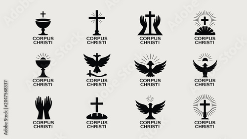 Fotografie Corpus christi celebration icons with chalice host and praying hands for religious events