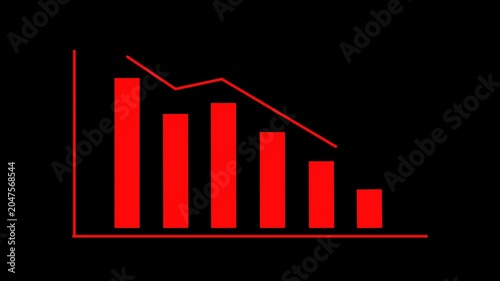 red bar chart animation with a downward arrow on a black background. Business statistics, financial decline, market crash, and negative growth concept.”
