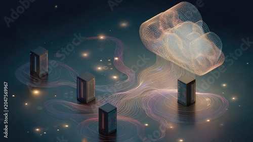 Abstract digital art of data flow connecting servers with glowing cloud