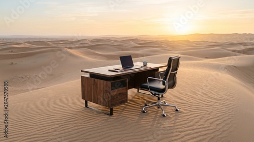 A luxury modern office desk with a single chair standing alone among endless sand dunes at sunrise