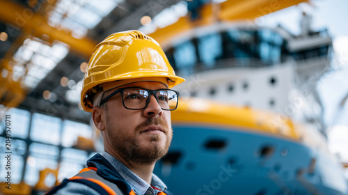An angled medium shot looking up towards the partially installed bridge and superstructure block of a massive cargo ship in a shipyard dry dock, focusing on structural connection p