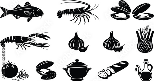 Canvastavla Seafood Soup Recipe Cooking Vector Icon Set Featuring Fish, Lobster, Mussels, Cr