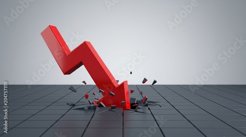 Red arrow breaking through a surface, symbolizing financial crisis