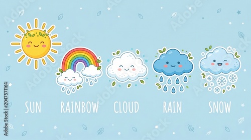 Five cute weather characters showing sunny skies, a bright rainbow, clouds, falling rain, and snow