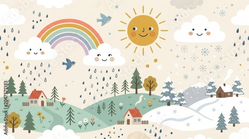 Cheerful cartoon landscape displays sunshine, falling rain, snowflakes, houses, and trees