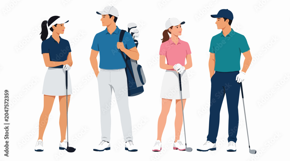 Fototapeta premium Illustrative group of four adult golfers, two men and two women, in modern golf attire, holding clubs and bags, ready for a leisure game