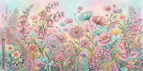 Foto Pastel Wildflower Dream: A vibrant and ethereal watercolor painting depicts a dreamy field overflowing with a multitude of delicate wildflowers in soft pastel hues