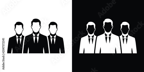 Vector illustration of a three-person business team icon. Professional corporate group avatar in black and white styles, perfect for leadership concepts.