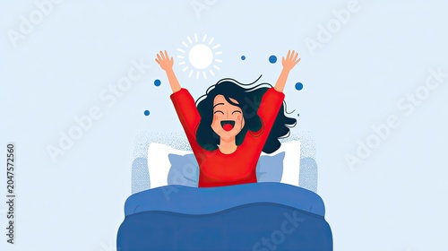 Cheerful person waking up, stretching arms with a bright sun overhead
