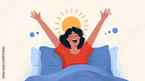 Joyful person stretching awake in bed with sun shining
